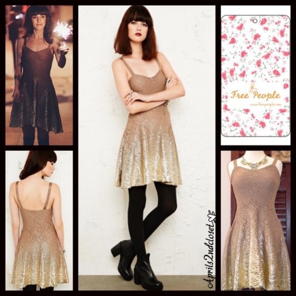 Free People Foil Ombre Lace Mini Dress In Gold Combo Size S EUC - Picture 2 of 12